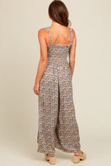 Taupe Printed Smocked Wide Leg Jumpsuit