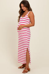 Fuchsia Striped Sleeveless Side Slit Maternity Maxi Dress
