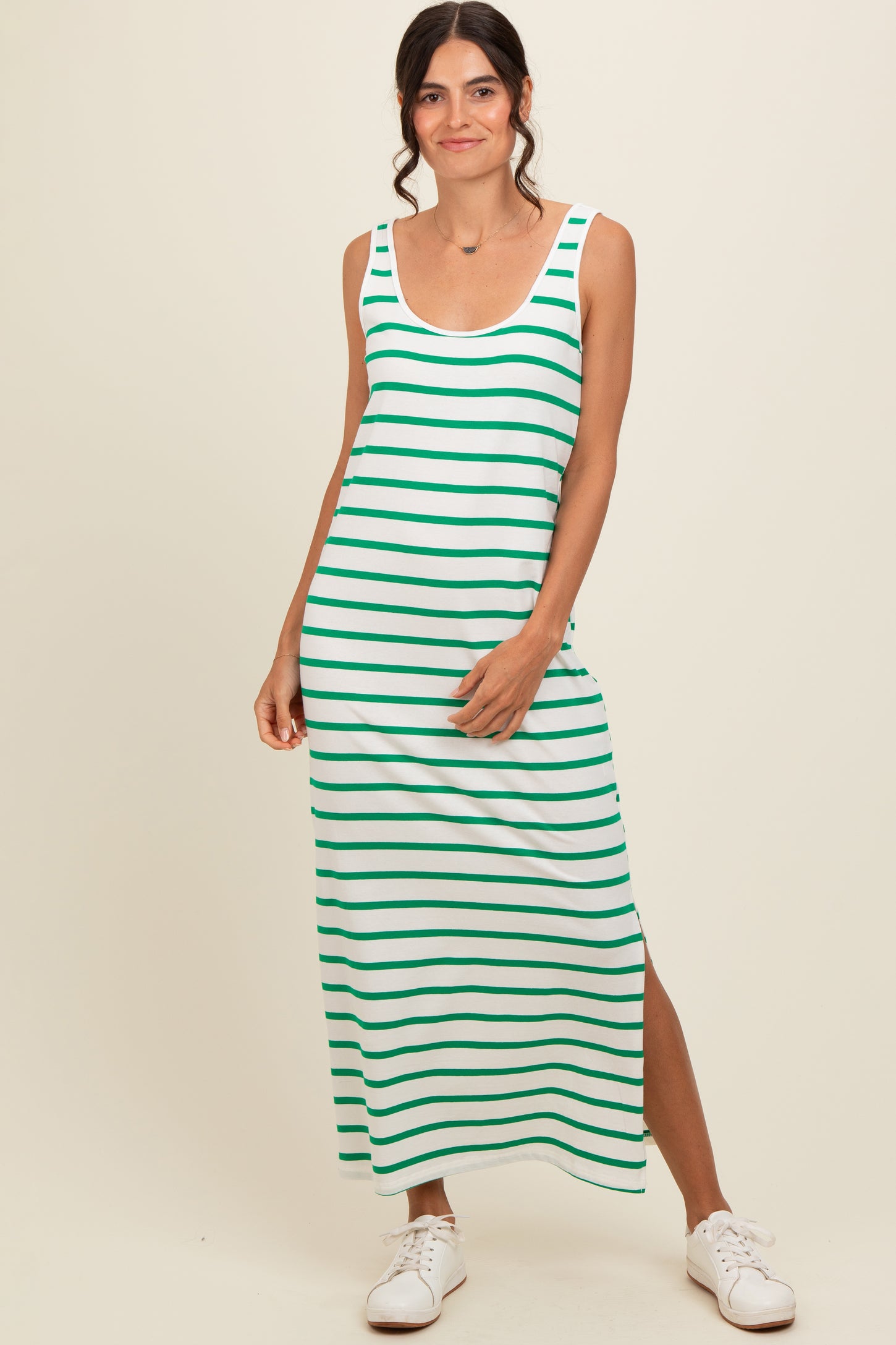 Green Striped Sleeveless Side Slit Maternity Maxi Dress