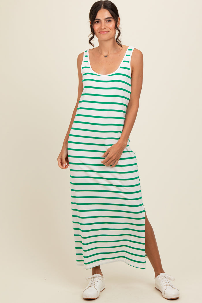Green Striped Sleeveless Side Slit Maternity Maxi Dress