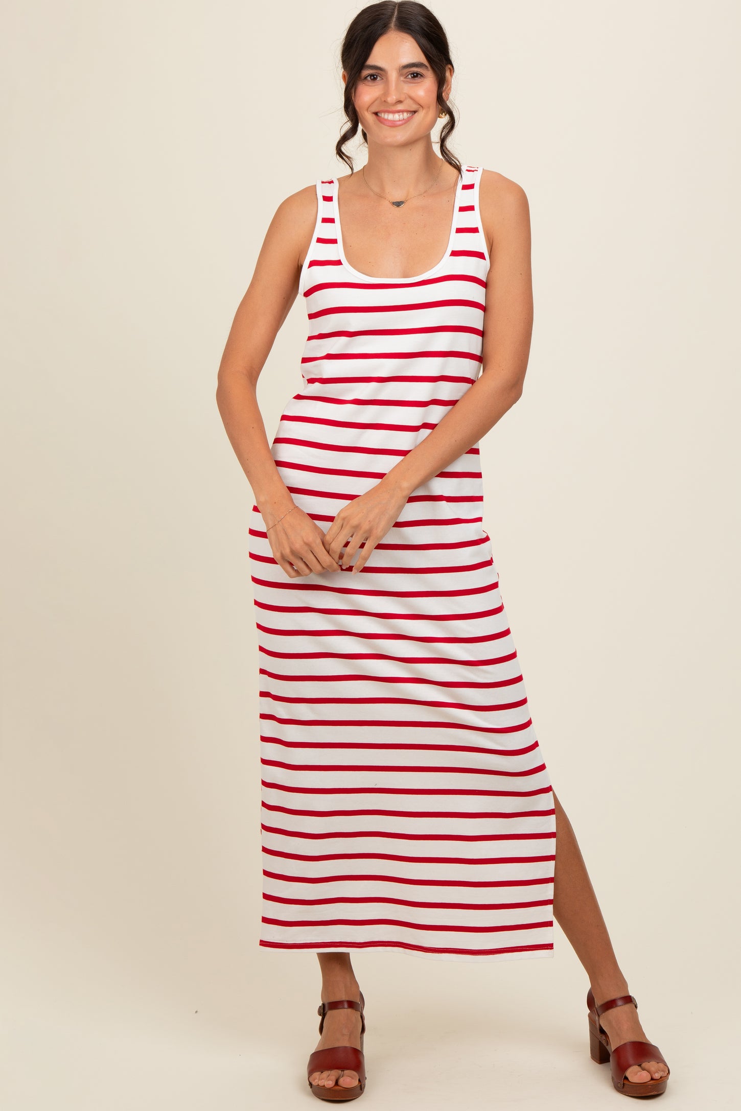 Red Striped Sleeveless Side Slit Maxi Dress
