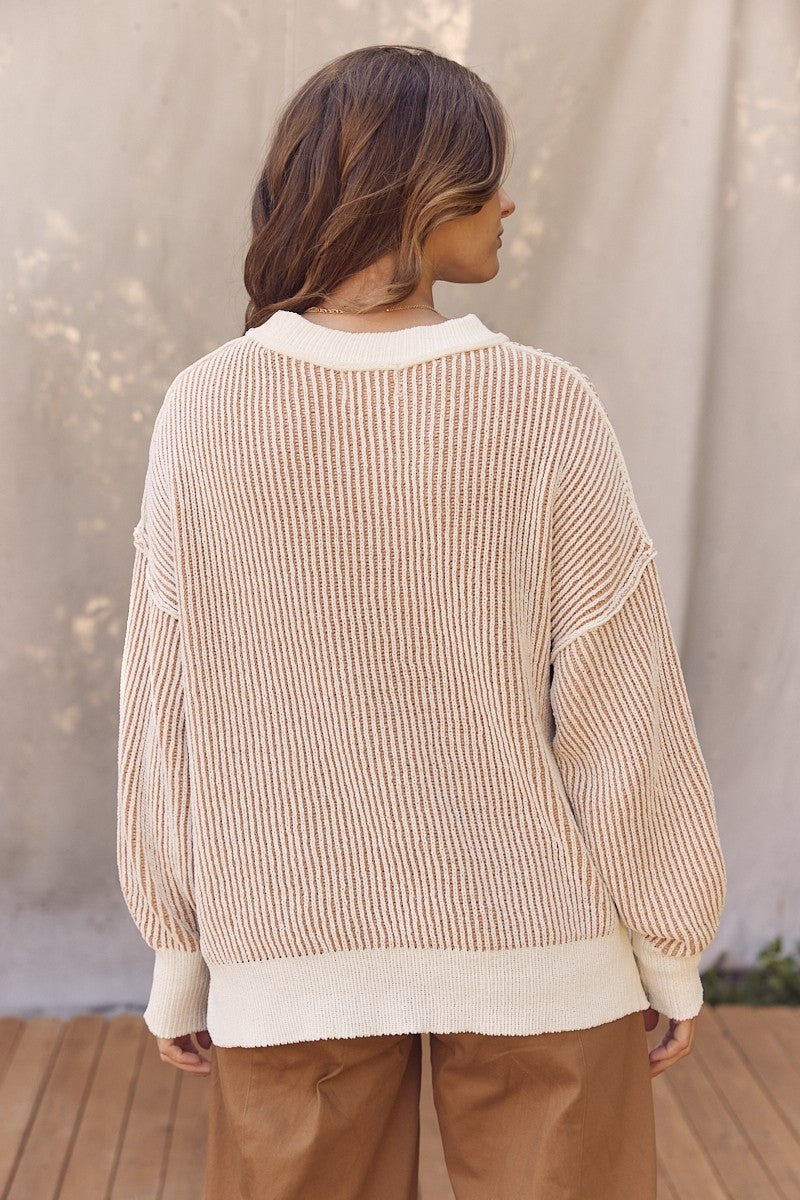 Camel Two Tone Ribbed Knit Sweater