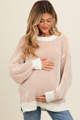 Camel Two Tone Ribbed Knit Maternity Sweater