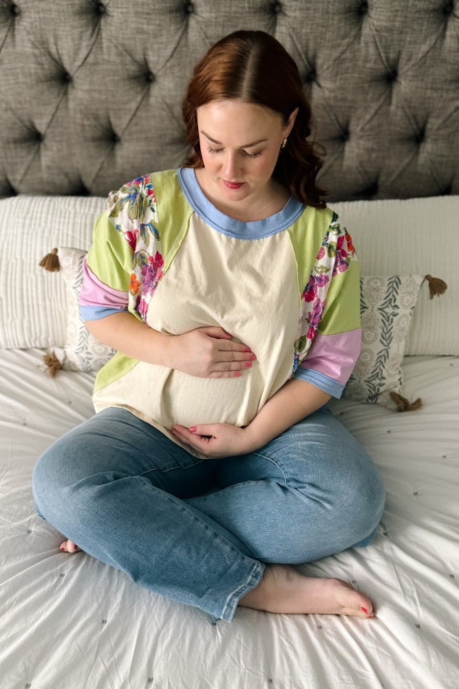 Lime Floral Colorblock Raw Hem Maternity Oversized Top