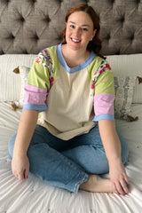Lime Floral Colorblock Raw Hem Oversized Top