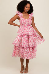 Pink Floral Smocked Tiered Layered Midi Dress