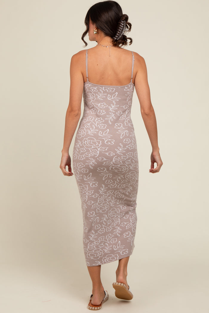 Beige Floral Knit Fitted Midi Dress
