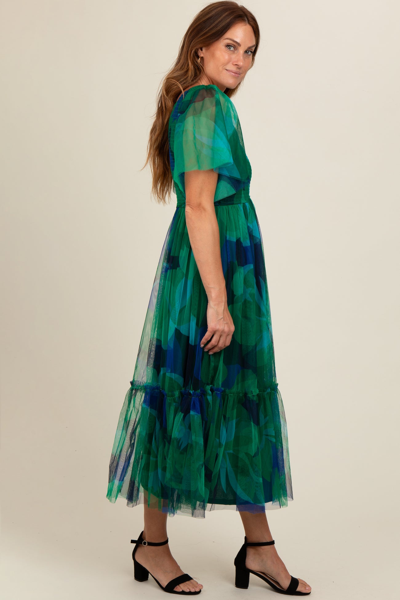 Navy Blue Leaf Print Mesh Smocked Midi Dress