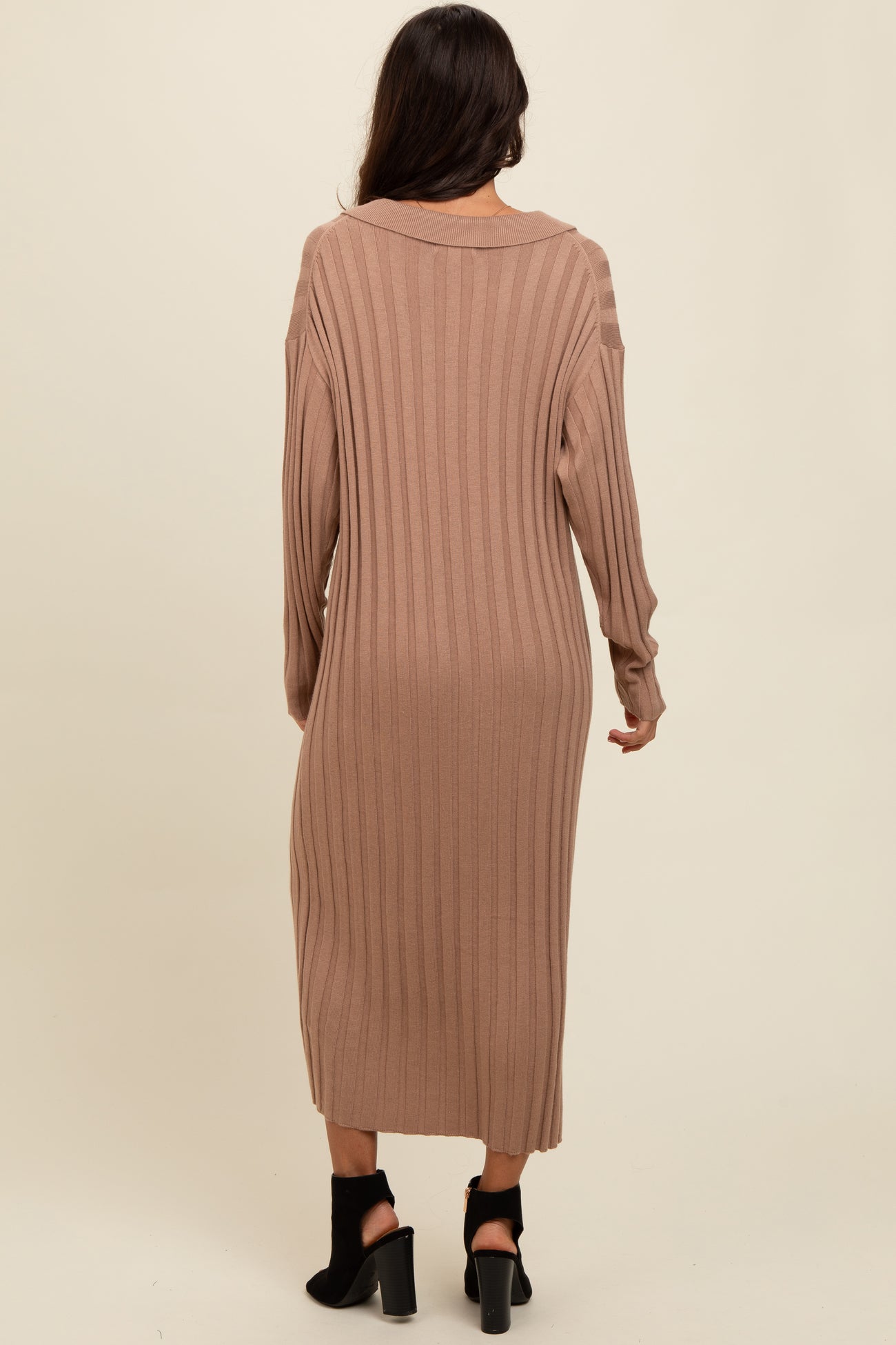 Mocha Ribbed Collared Midi Sweater Dress