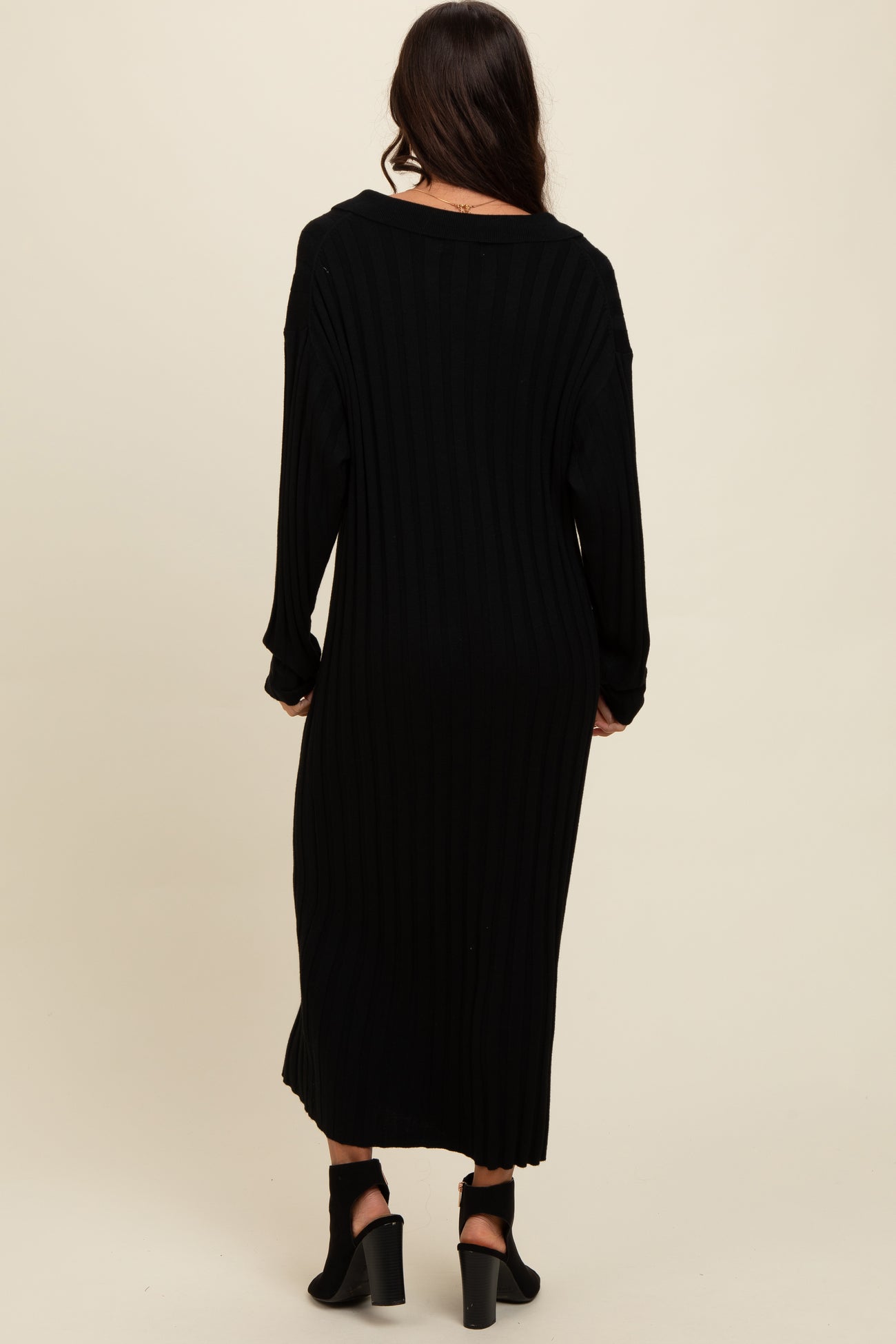 Black Ribbed Collared Midi Sweater Dress