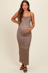 Brown Animal Print Fitted Maternity Maxi Dress