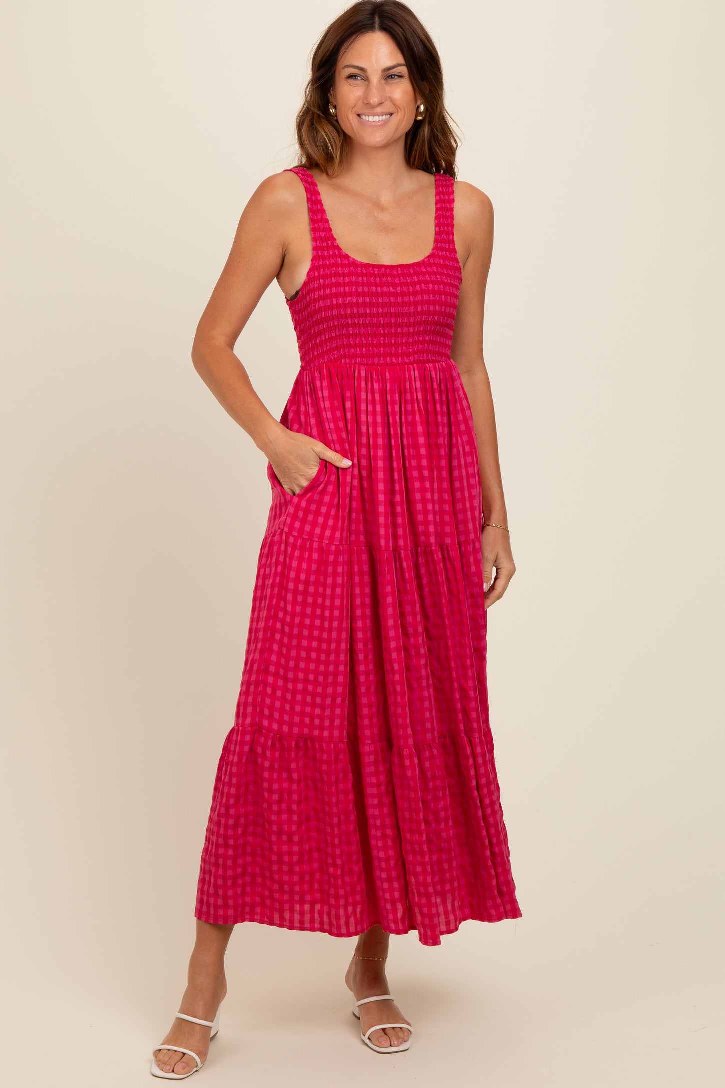 Coral Plaid Tiered Maxi Dress