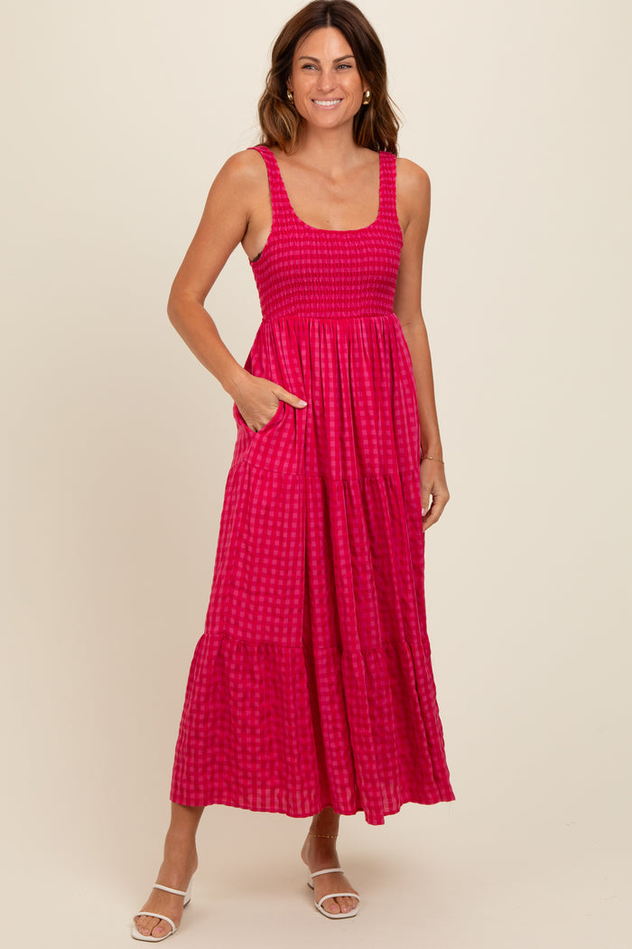 Coral Plaid Tiered Maxi Dress
