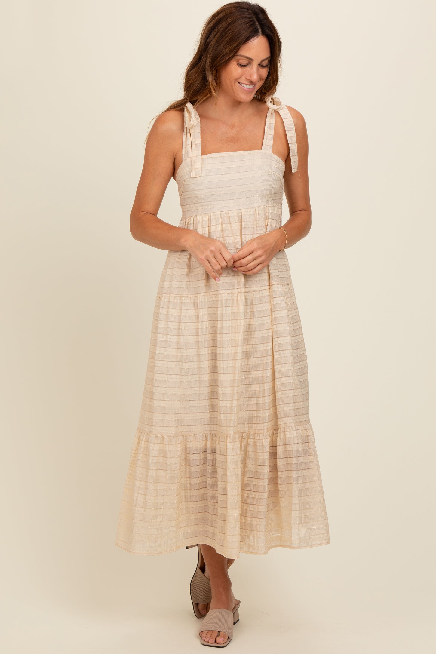 Cream Gingham Shoulder Tie Dress