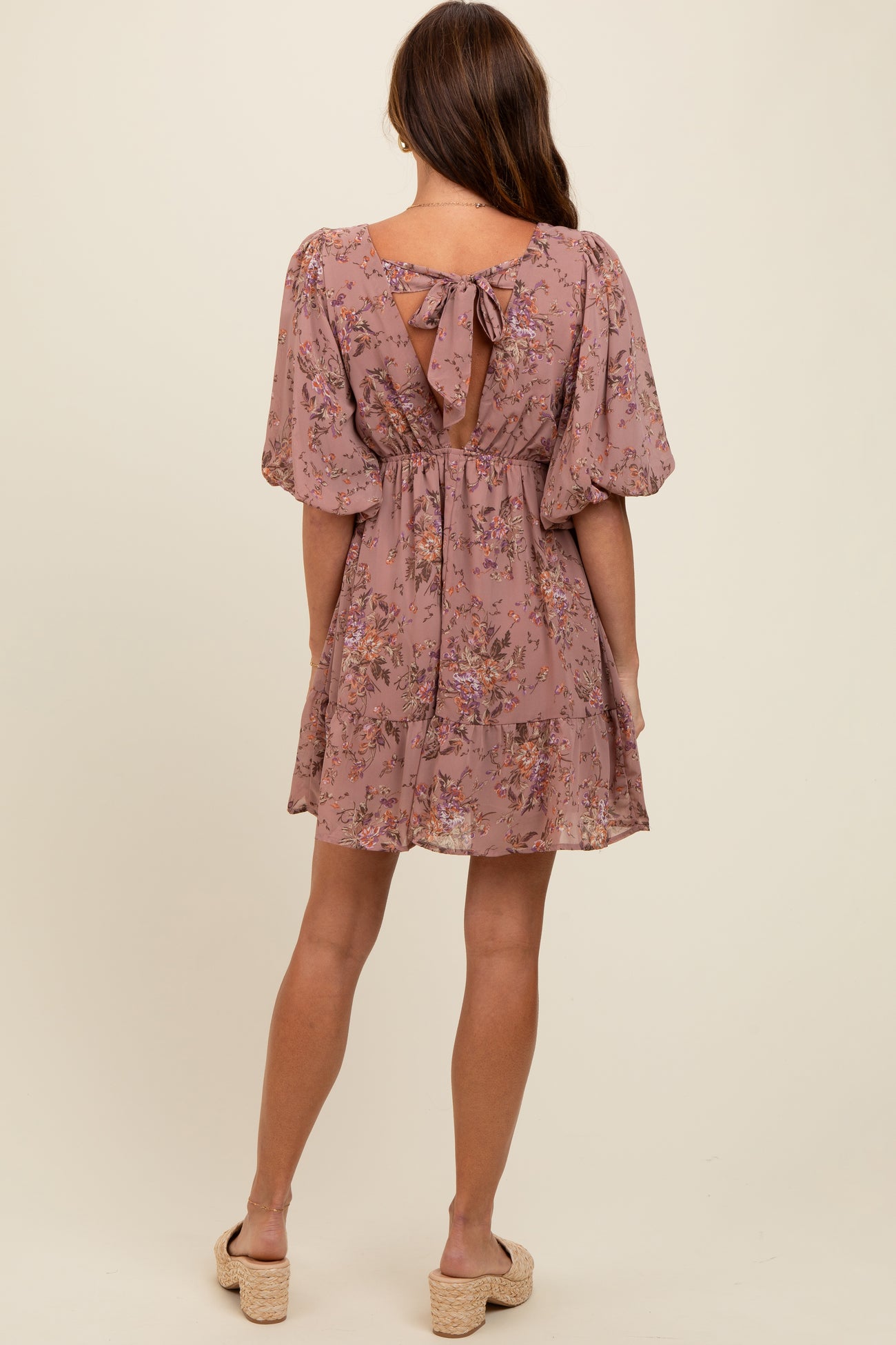 Mauve Deep V-Neck Tie Back Floral Mini Dress