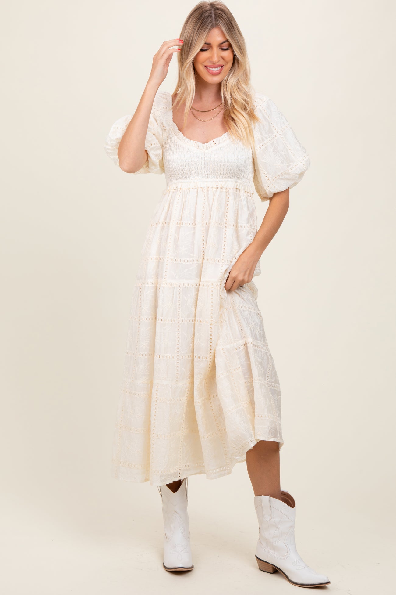 Ivory Smocked Puff Sleeve Maxi Dress