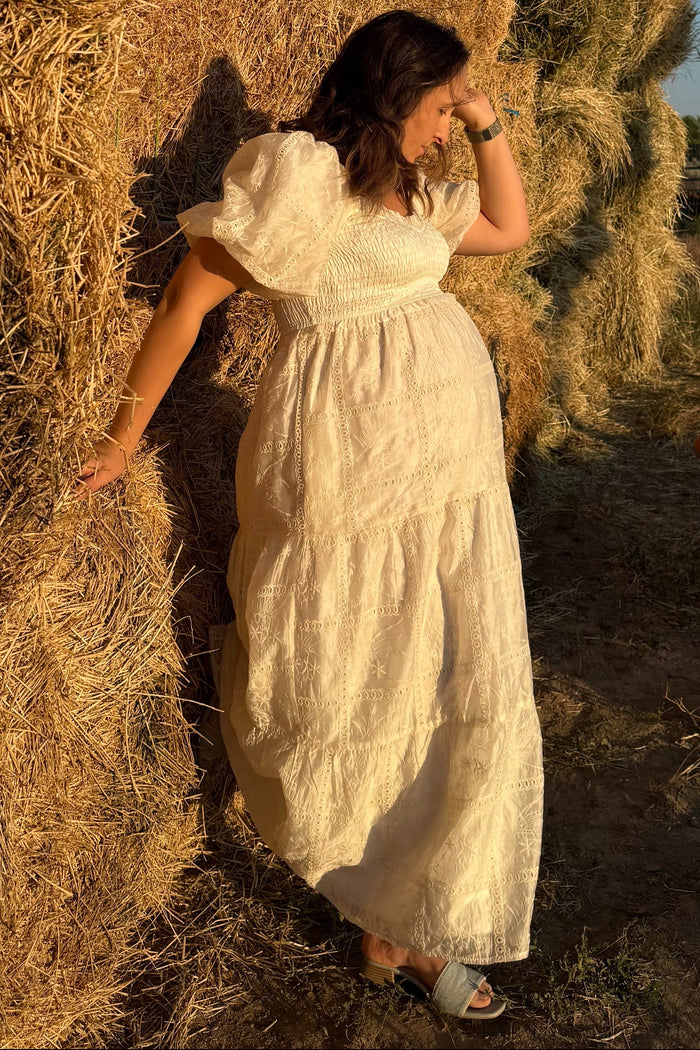 Ivory Smocked Puff Sleeve Maternity Maxi Dress
