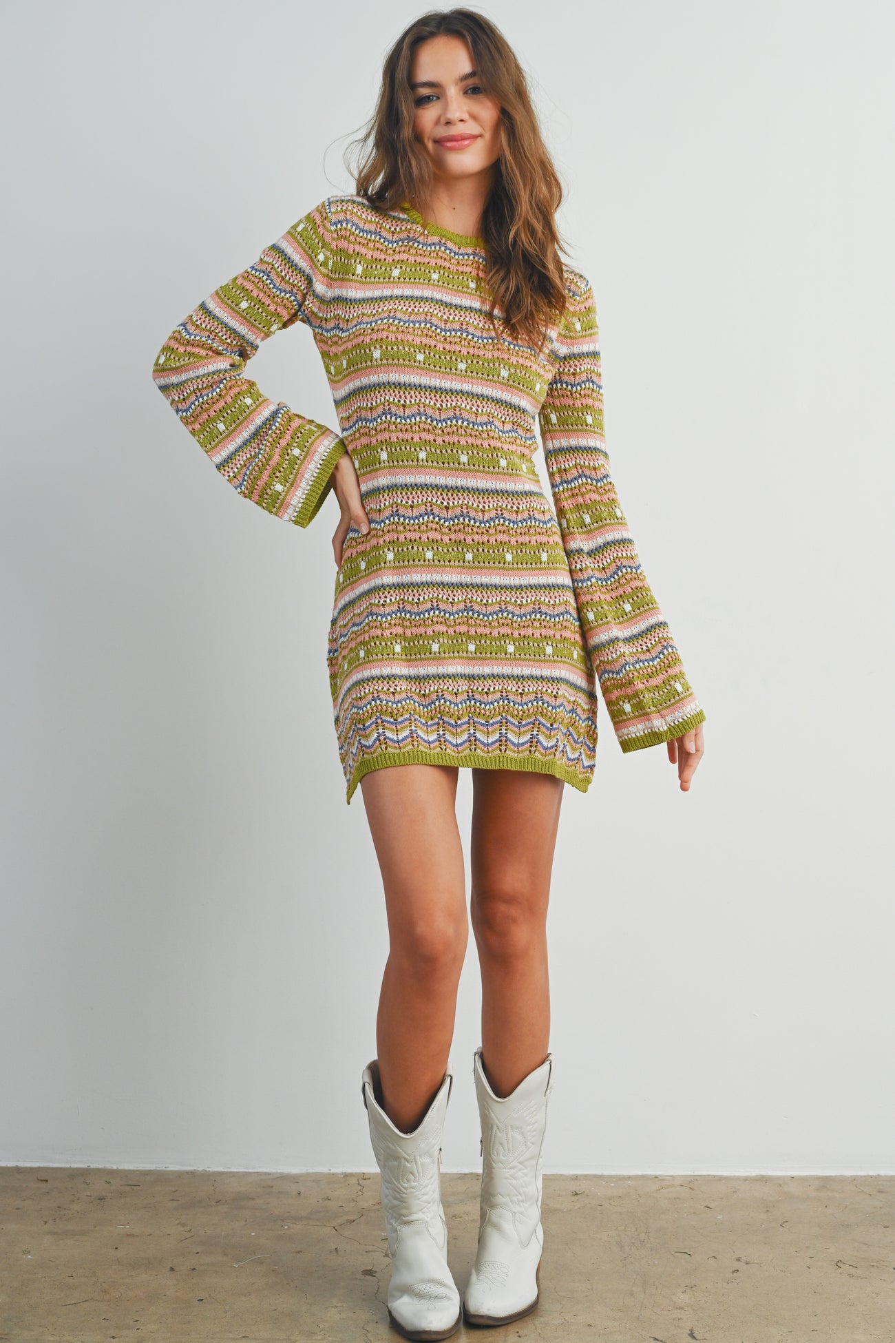 Green Multi Multicolored Crochet Sweater Dress