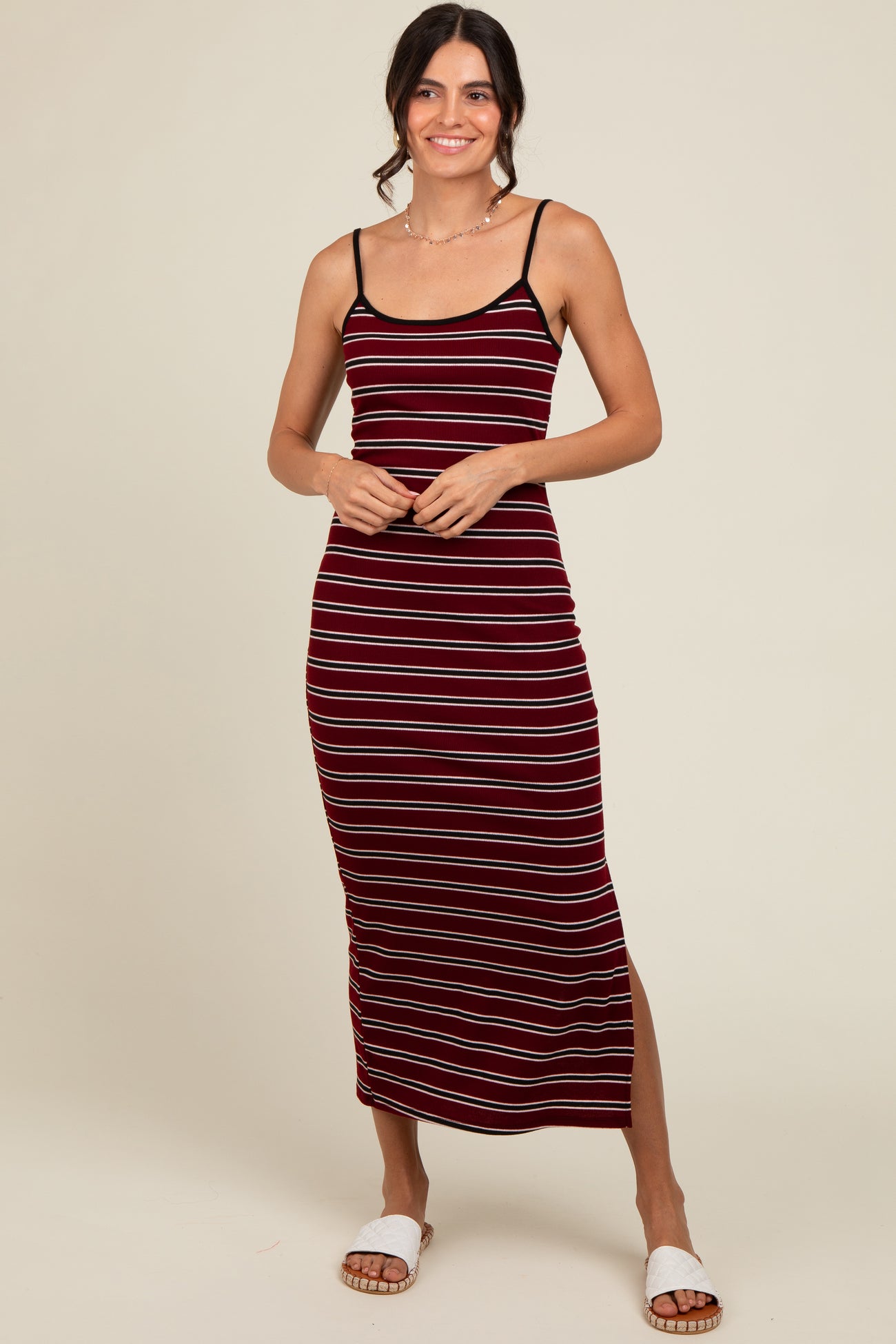 Burgundy Striped Ribbed Side Slit Maternity Midi Dress