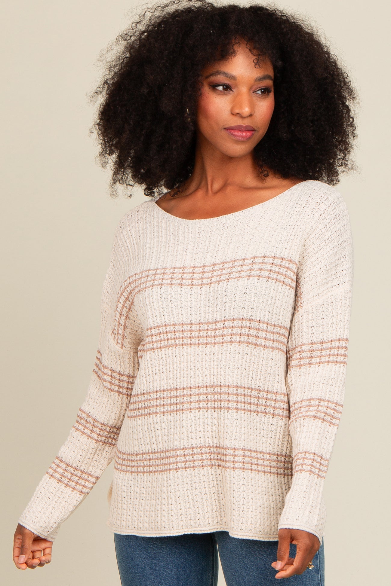 Beige Striped Waffle Knit Sweater
