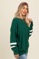 Forest Green Striped Sleeve Relaxed Fit Sweater