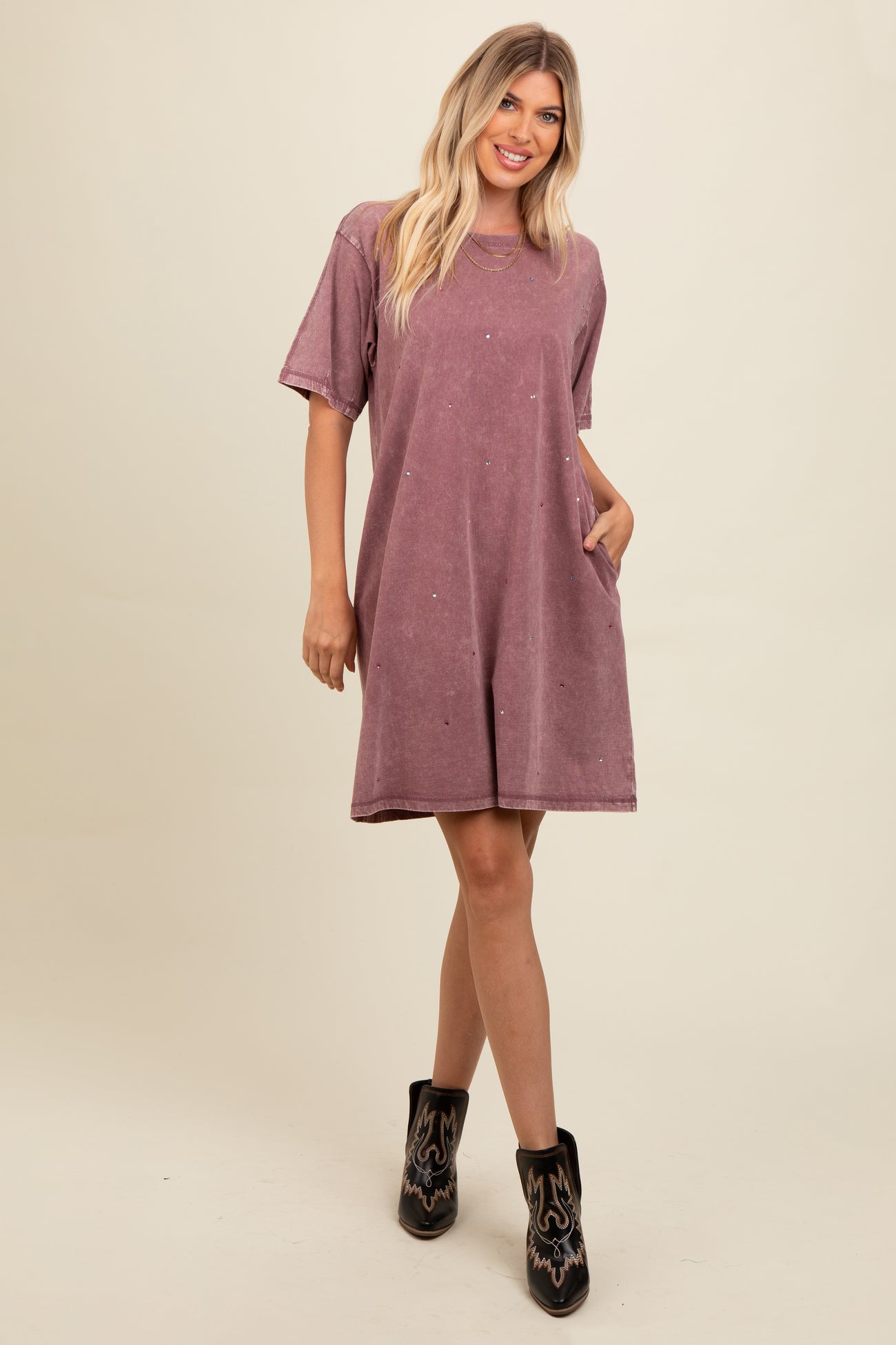 Mauve Rhinestone Mineral Washed T-Shirt Dress