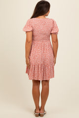 Peach Floral Puff Sleeve Smocked Maternity Dress