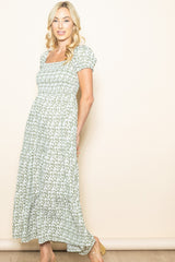 Olive Floral Puff Sleeve Smocked Maxi Dress