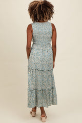 Light Olive Floral Sleeveless Ruffle Tiered Maxi Dress