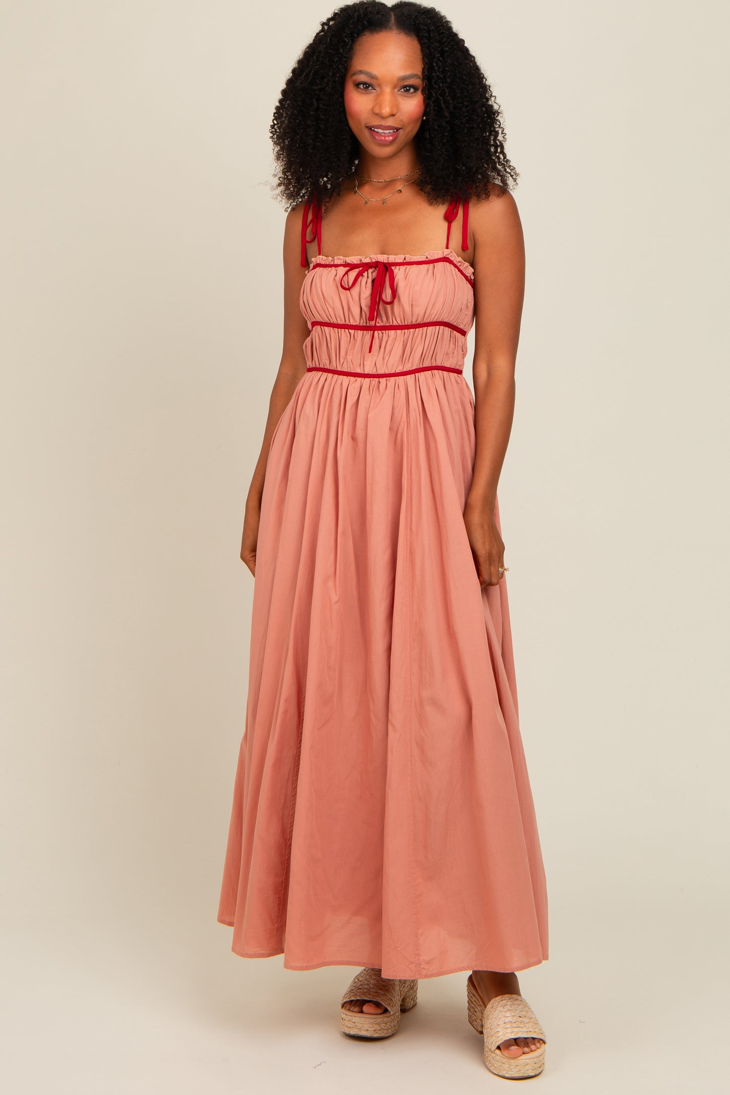 Salmon Contrast Ribbon Trim Maternity Maxi Dress
