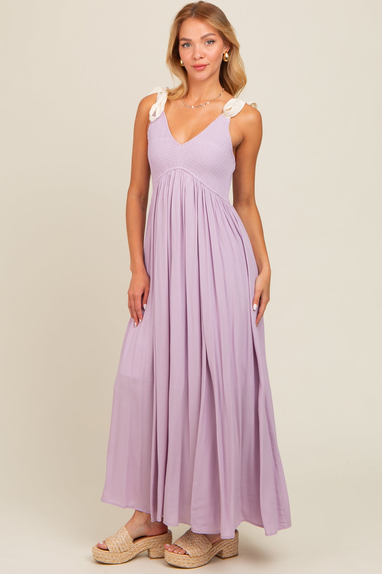 Lavender Contrast Shoulder Tie Smocked Maxi Dress