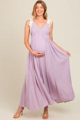 Lavender Contrast Shoulder Tie Smocked Maternity Maxi Dress