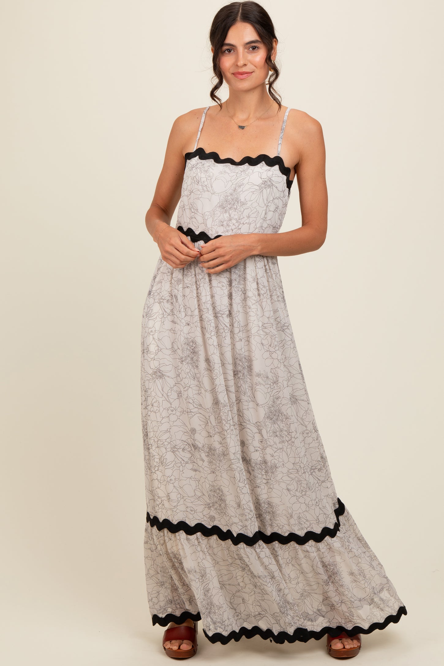 Ivory Floral Contrast Trim Maxi Dress
