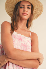 Pink Floral Tiered Scallop Trim Mini Dress