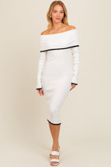 Ivory Knit Off Shoulder Contrast Ruffle Trim Maternity Dress