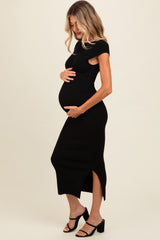 Black Knit Low Back Side Slit Maternity Dress