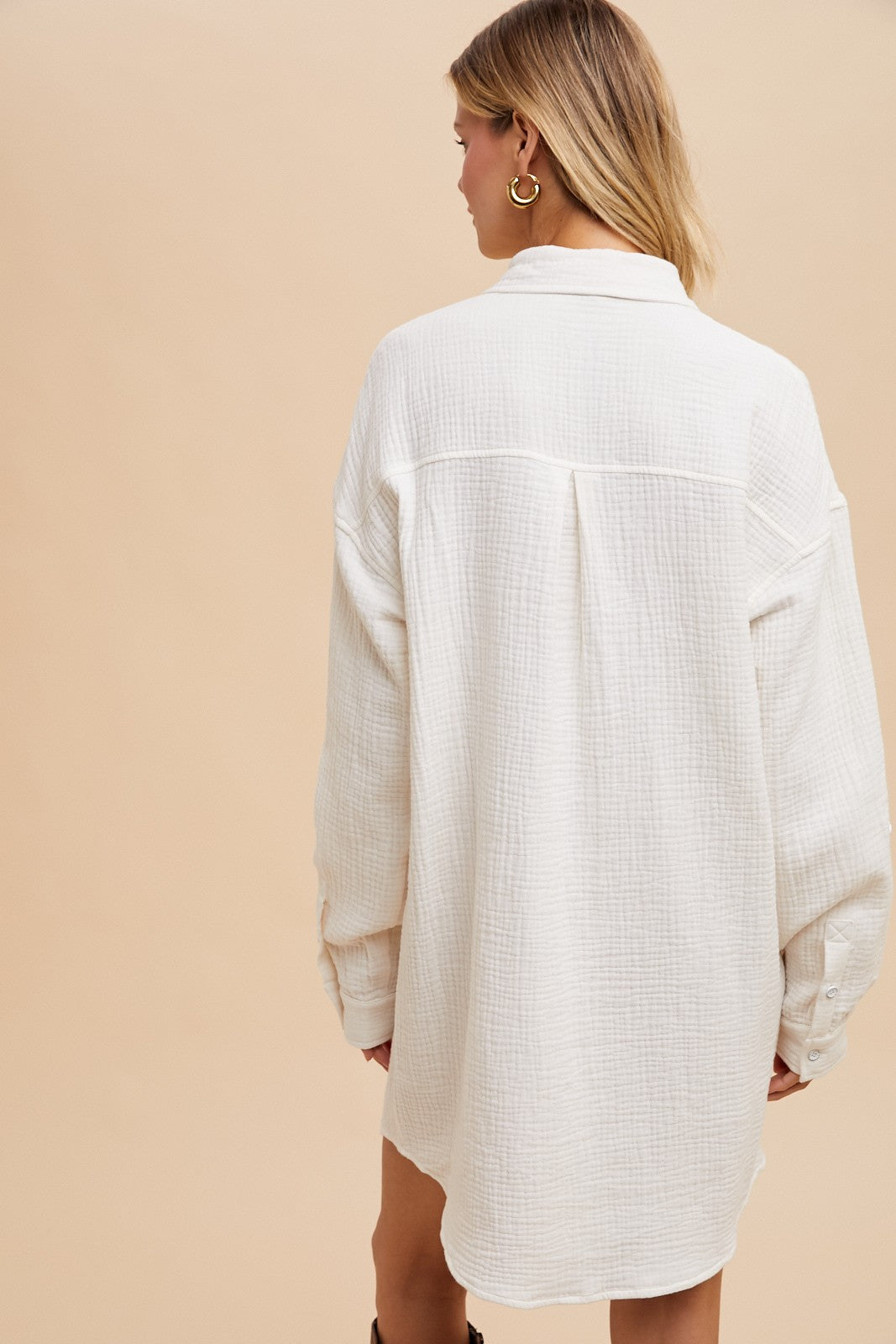 White Rolled Cuff Button Down Dress