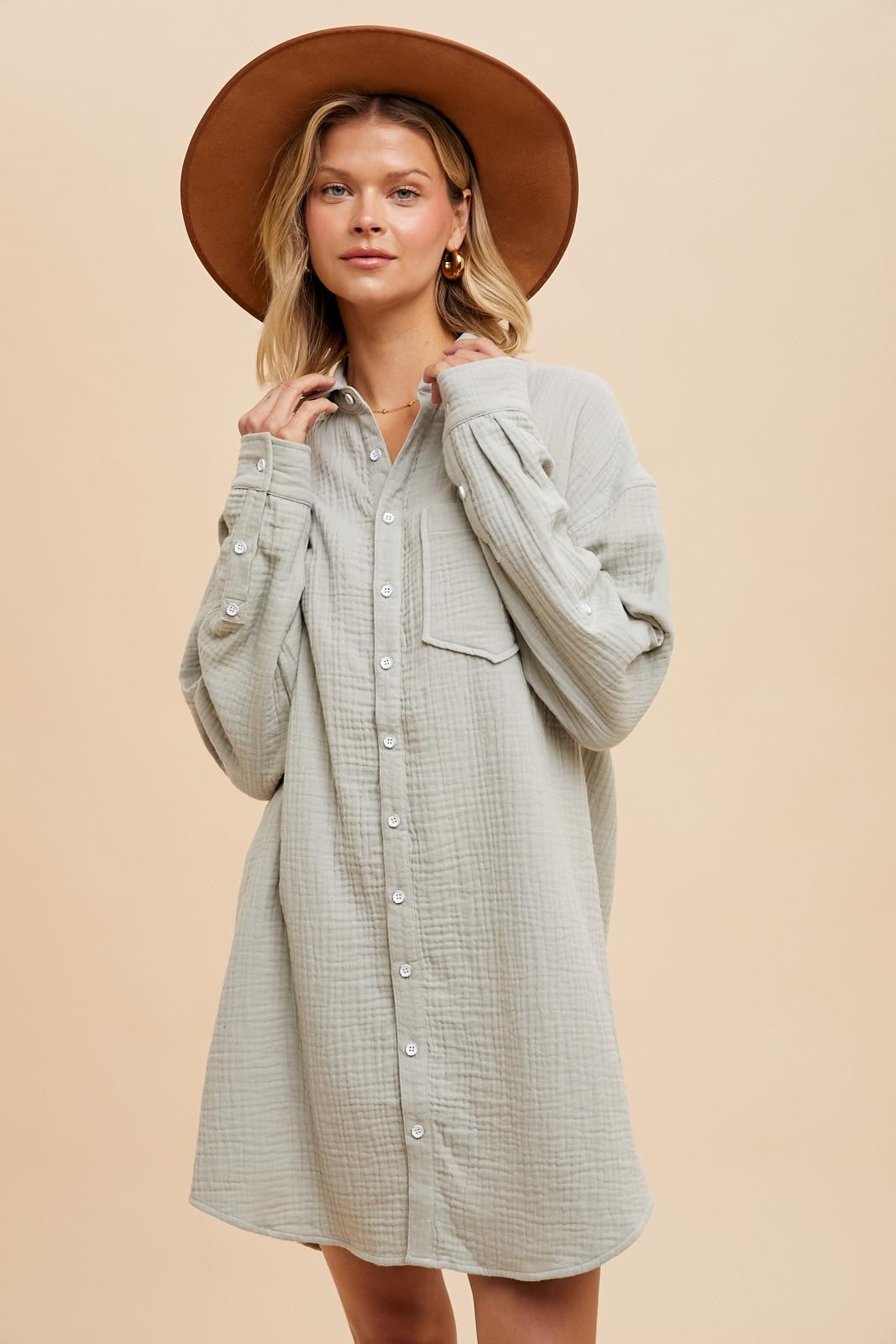 Light Olive Rolled Cuff Maternity Button Down Dress