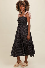 Black Floral Print Contrast Shoulder Tie Tiered Midi Dress