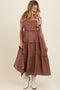 Brown Floral Print Contrast Shoulder Tie Tiered Maternity Midi Dress