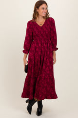 Burgundy Floral Smocked V-Neck Maxi Dress