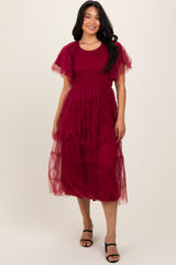 Burgundy Smocked Ruffled Mesh Maternity Midi Dress