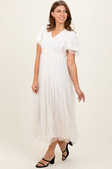 Cream Ruffle Accent Mesh Overlay Maternity Maxi Dress