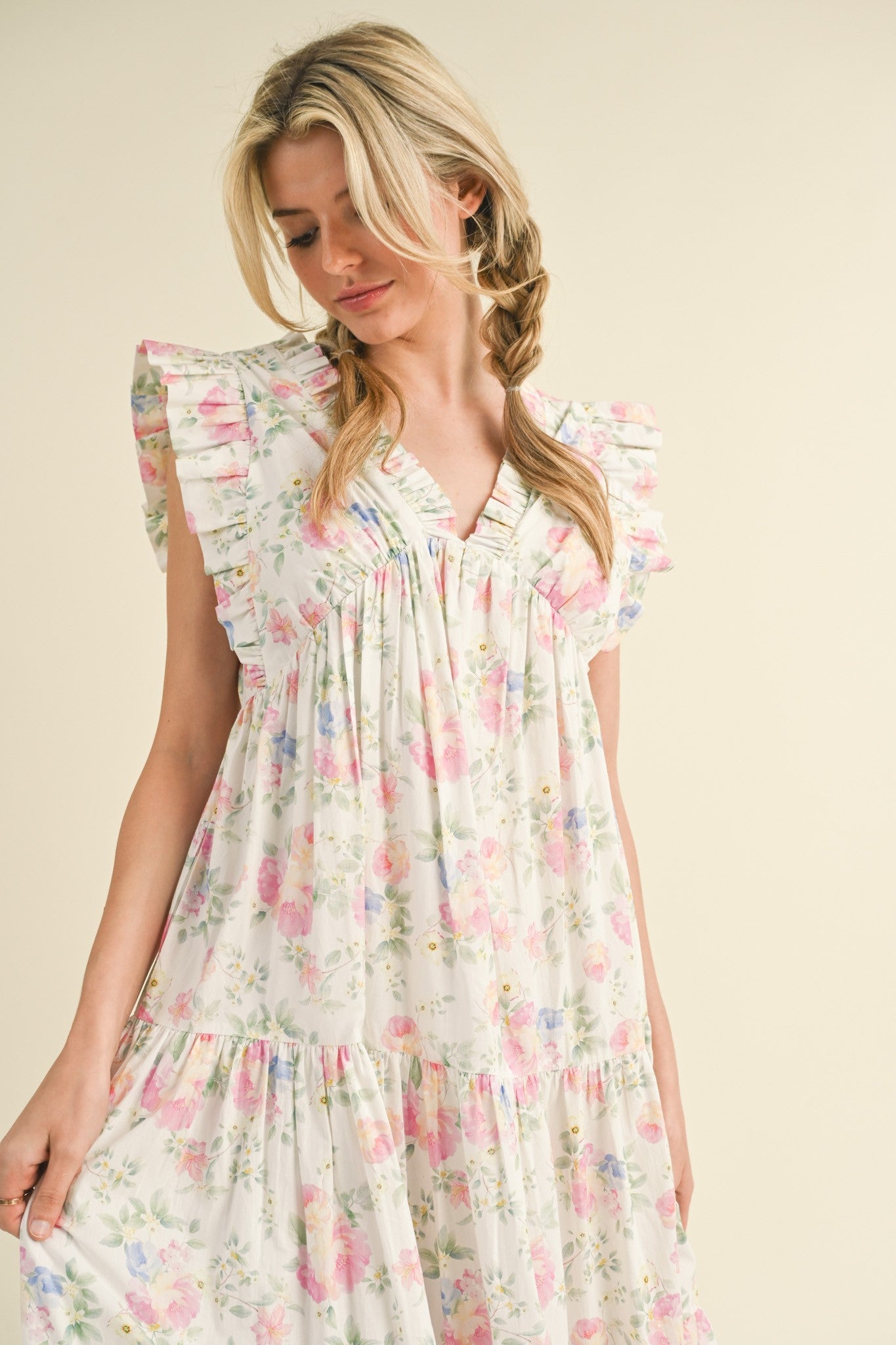 Ivory Pink Floral Ruffled Floral Midi Dress