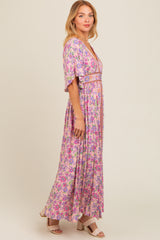 Light Pink Floral Border Print Flutter Sleeve Maxi Dress