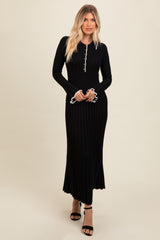 Black Ribbed Knit Collared Button Up Maxi Dress