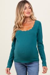Teal Scallop Hem Square Neck Maternity Sweater