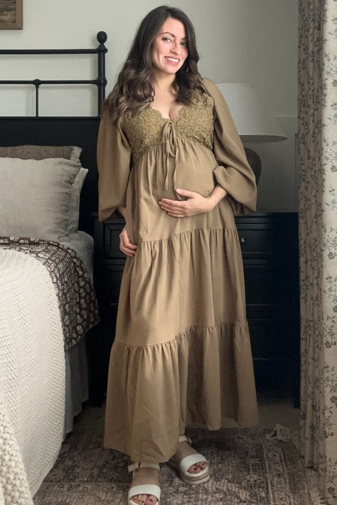 Olive Contrast Lace Bodice Tiered Maternity Midi Dress
