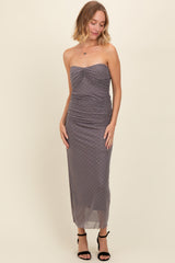 Grey Dot Print Strapless Ruched Maternity Maxi Dress