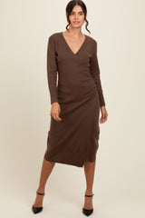 Brown Knit Crossover Ruched Maternity Midi Dress